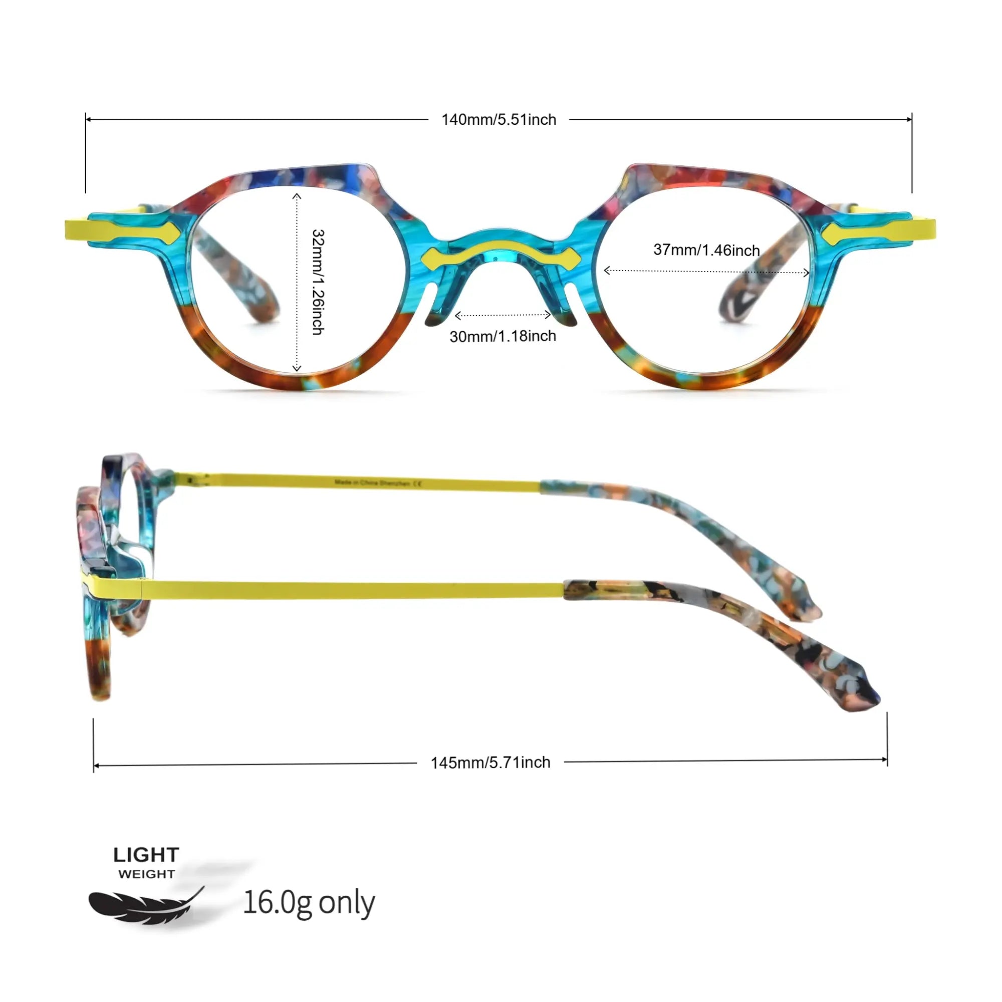 Measurement reference image for VoyueLens™ VL19341 in amber crystal, detailing lens width, frame height, bridge, and temple length for optimal fit guidance.